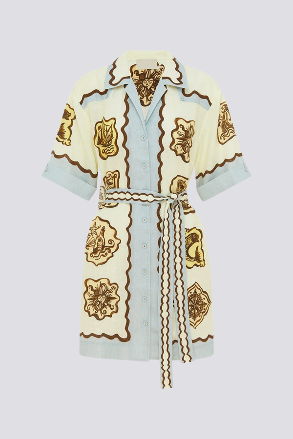 Ship Crest Print Scallop Trim Collar Short Sleeve Mini Dress - View 4