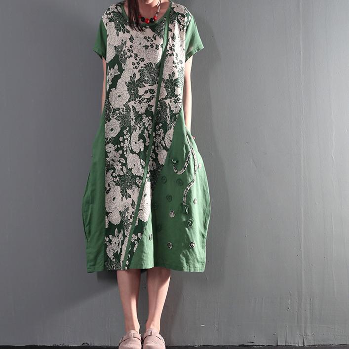 Short Sleeve Round Neck Panel Applique Loose Kaftan Midi Dress - View 3
