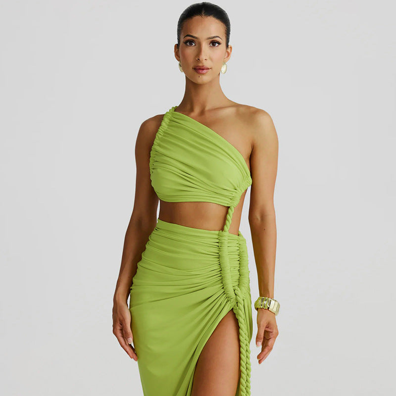 One Shoulder Ruched Cut Out High Split Maxi Dress 7