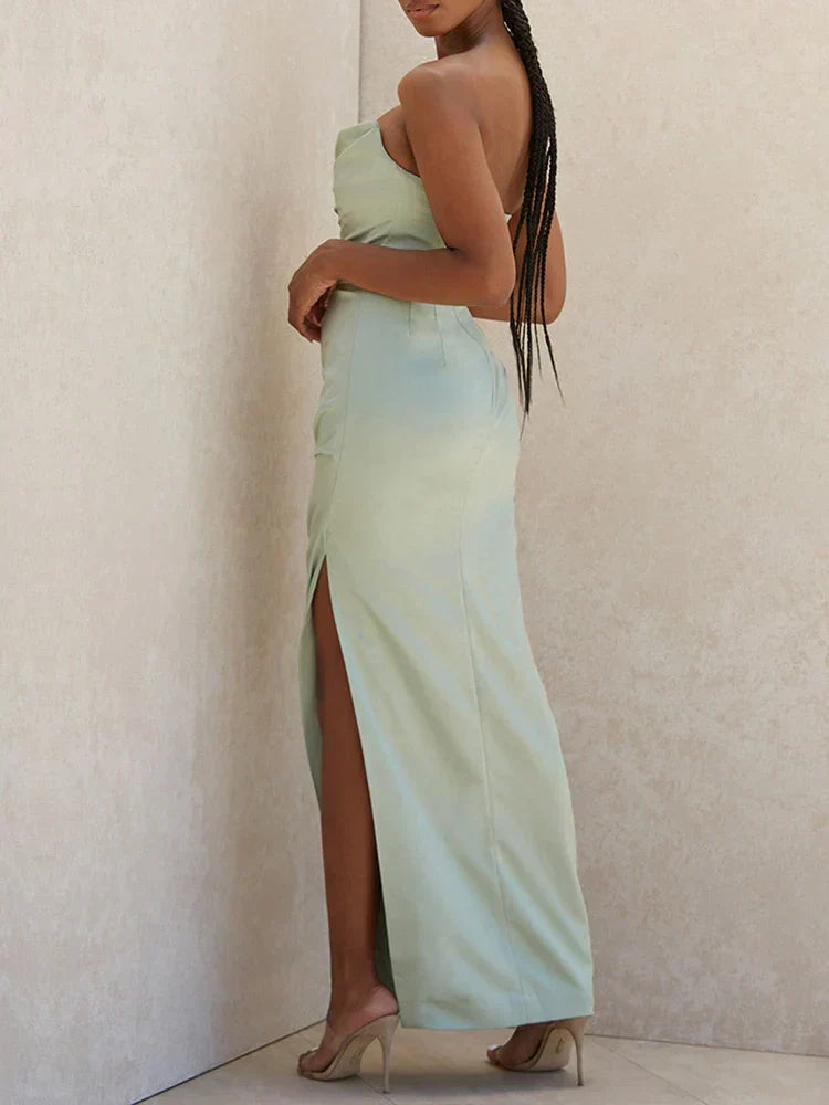 Satin Strapless Cowl Neck Ruched High Split Maxi Dress - View 2