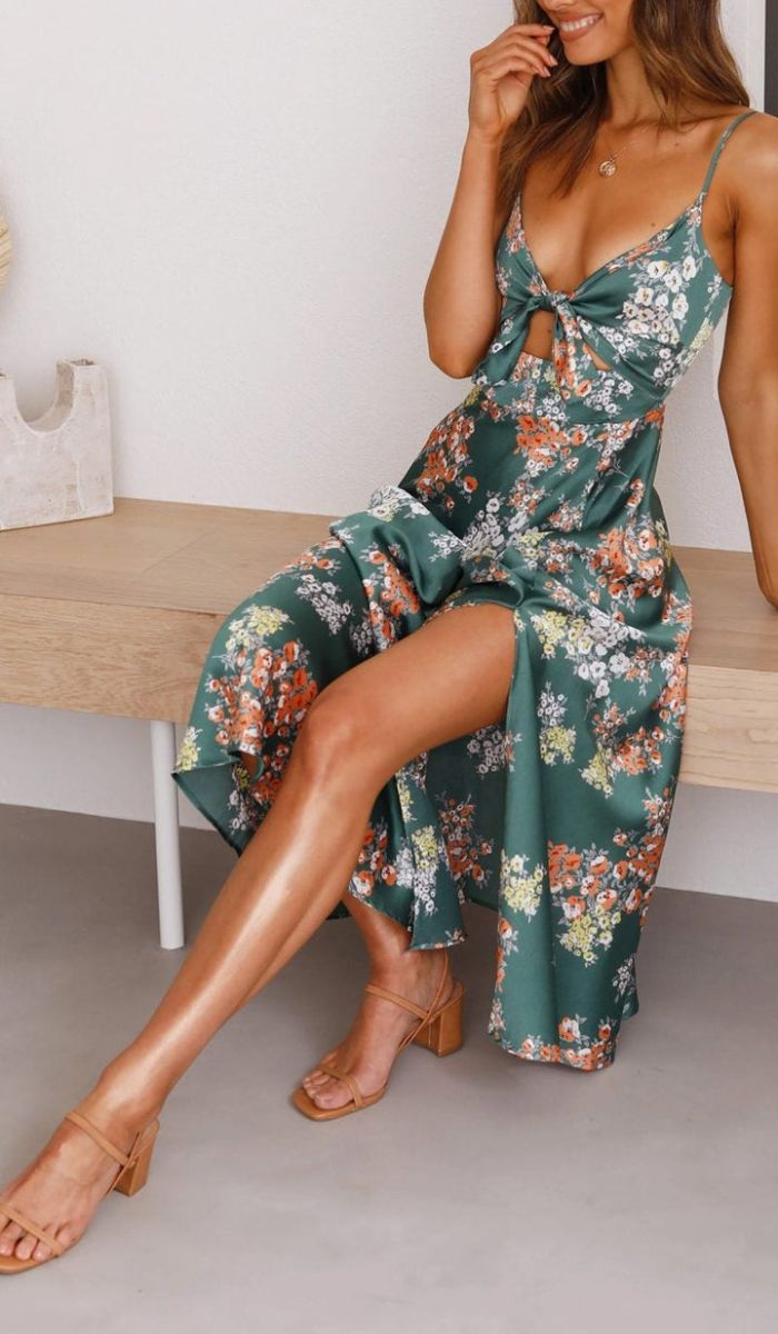 Floral Print Spaghetti Strap Tie Front Cut Out High Split Midi Dress - View 2