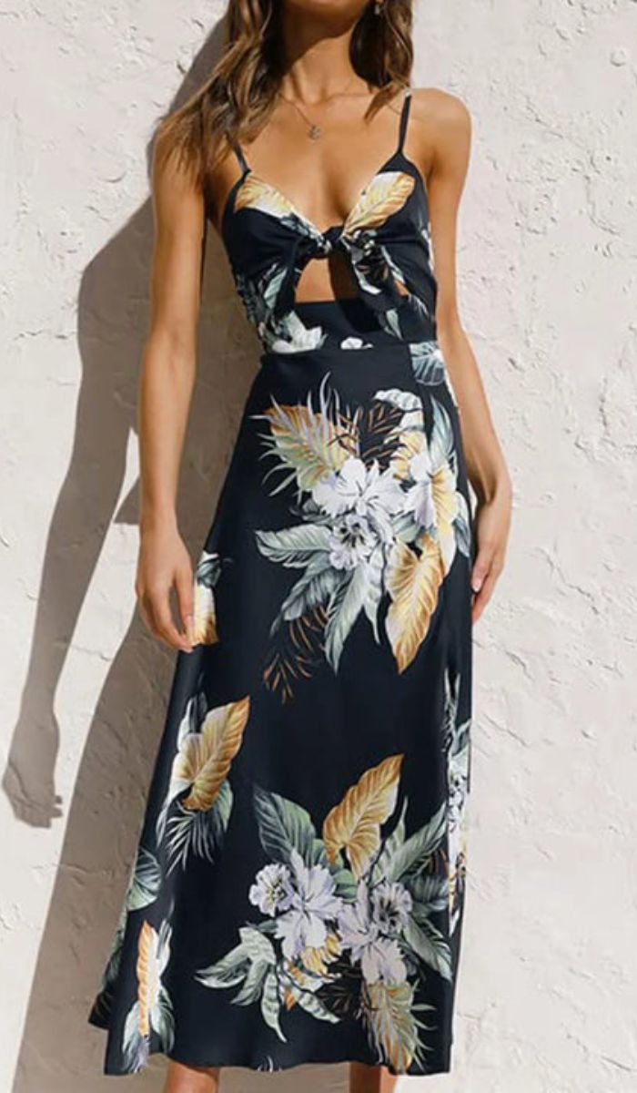 Floral Print Spaghetti Strap Tie Front Cut Out High Split Midi Dress - View 3