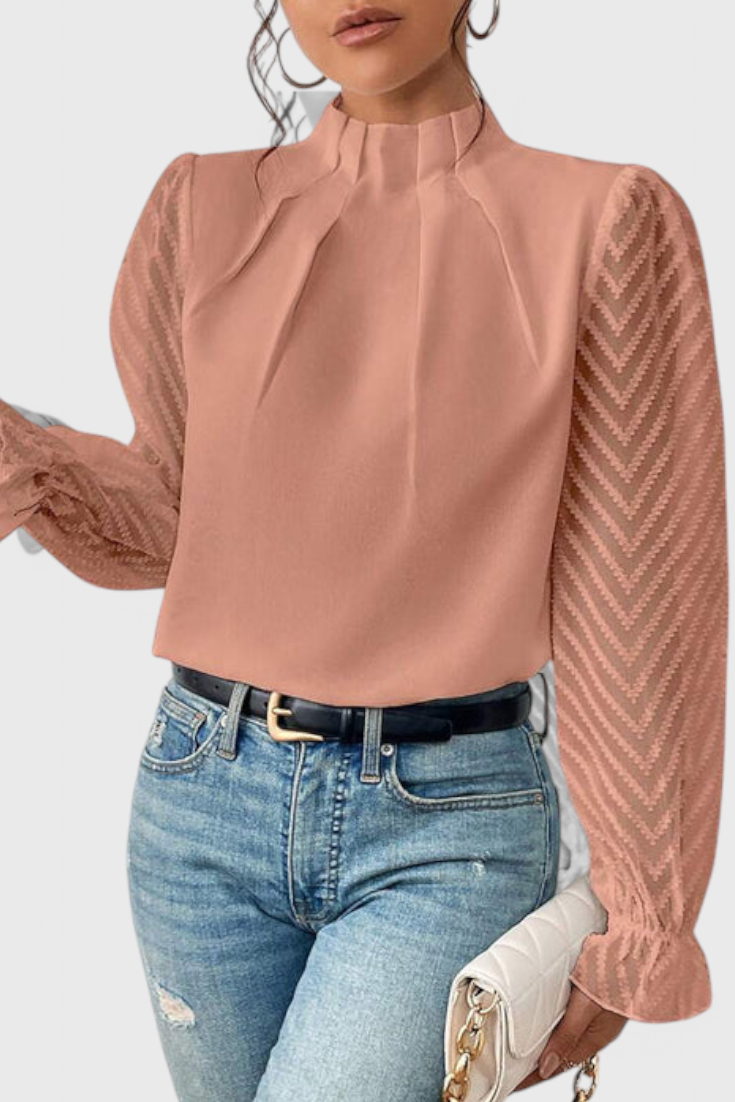 Mock Neck Sheer Lace Long Sleeve Ruffle Blouse 3