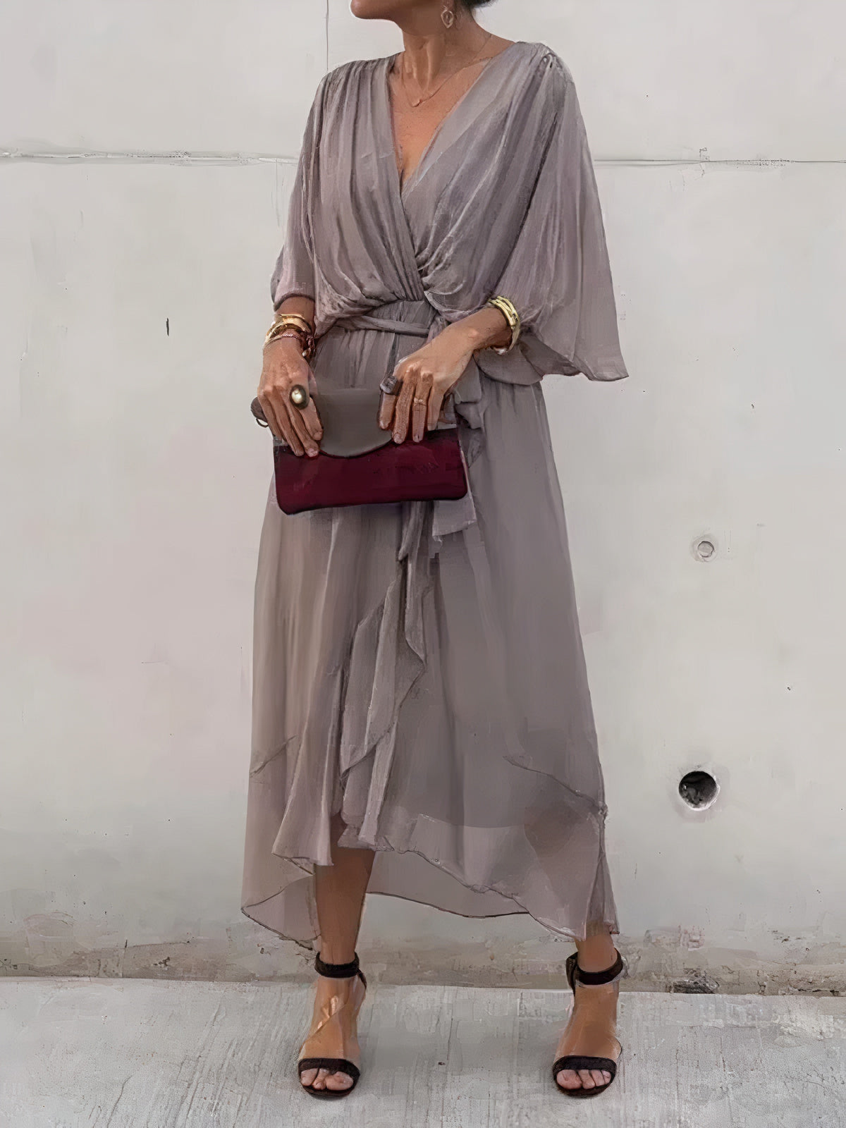 Chiffon Deep V-Neck Flutter Sleeve Wrap Tie Waist High Low Midi Dress - View 2