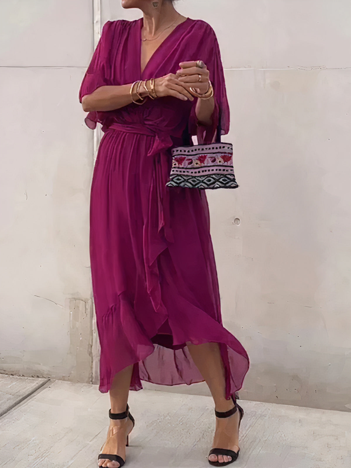 Chiffon Deep V-Neck Flutter Sleeve Wrap Tie Waist High Low Midi Dress - View 7