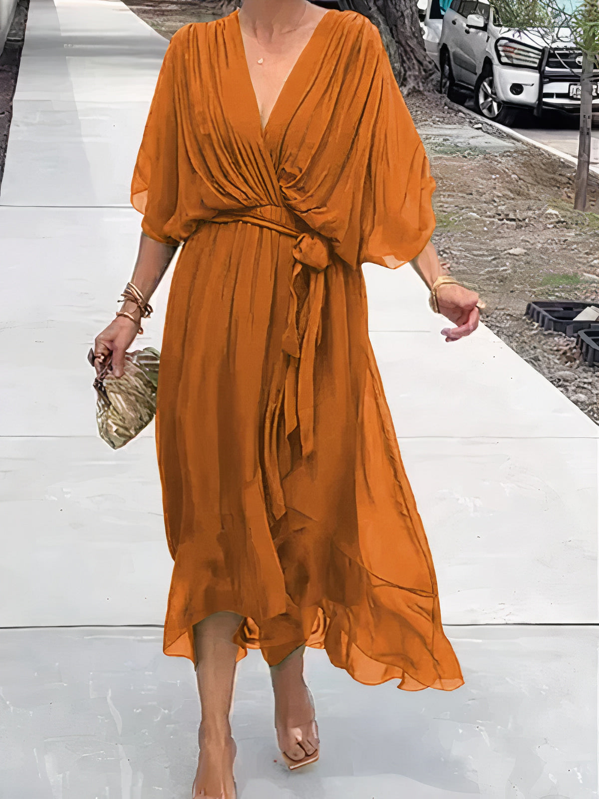 Chiffon Deep V-Neck Flutter Sleeve Wrap Tie Waist High Low Midi Dress - View 8