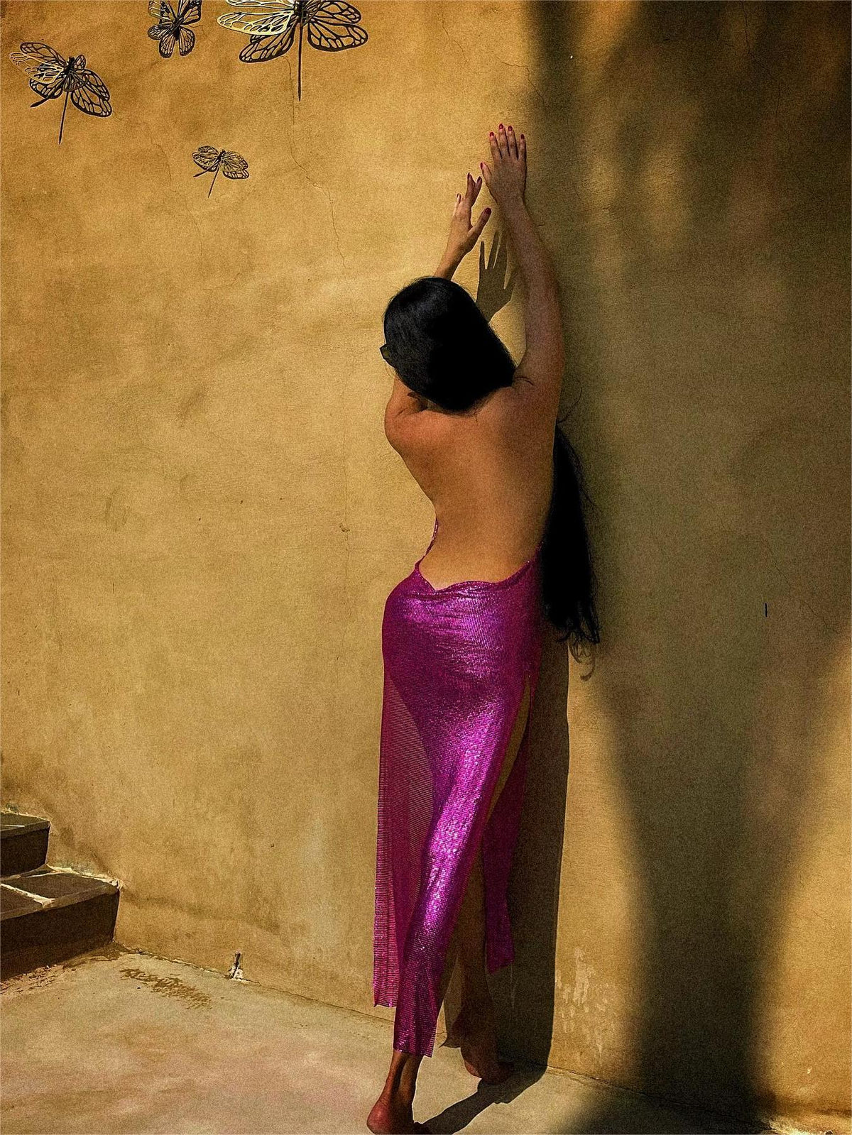 Kalani Metal Mesh Maxi Dress In Hot Pink - View 3