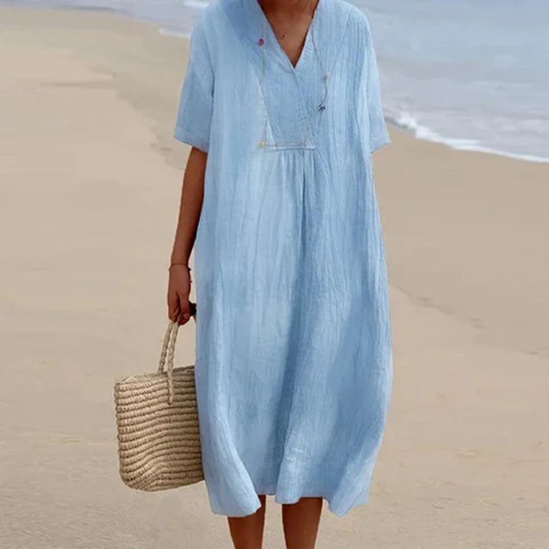 V-Neck Short Sleeve Shift Midi Dress