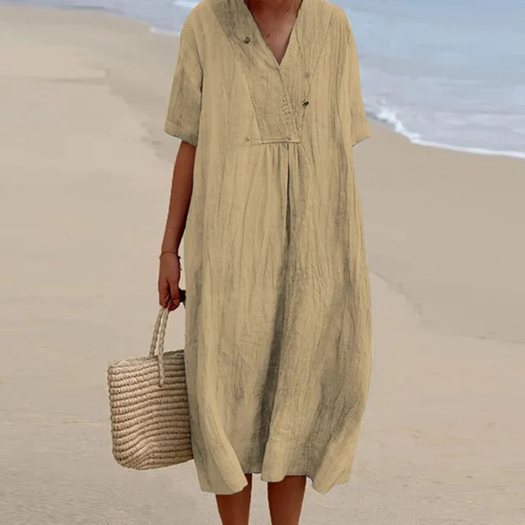 V-Neck Short Sleeve Shift Midi Dress 3