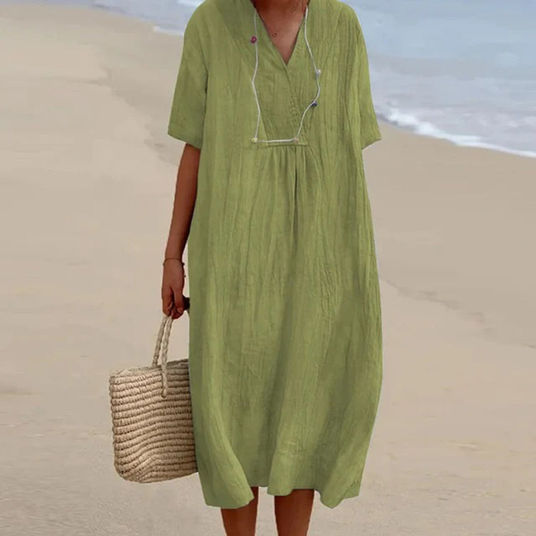 V-Neck Short Sleeve Shift Midi Dress 10