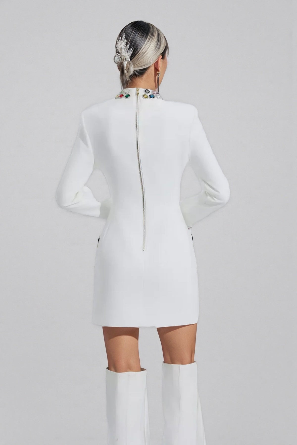Gemstone Embellished Mock Neck Long Sleeve Patch Pocket Mini Dress - View 5