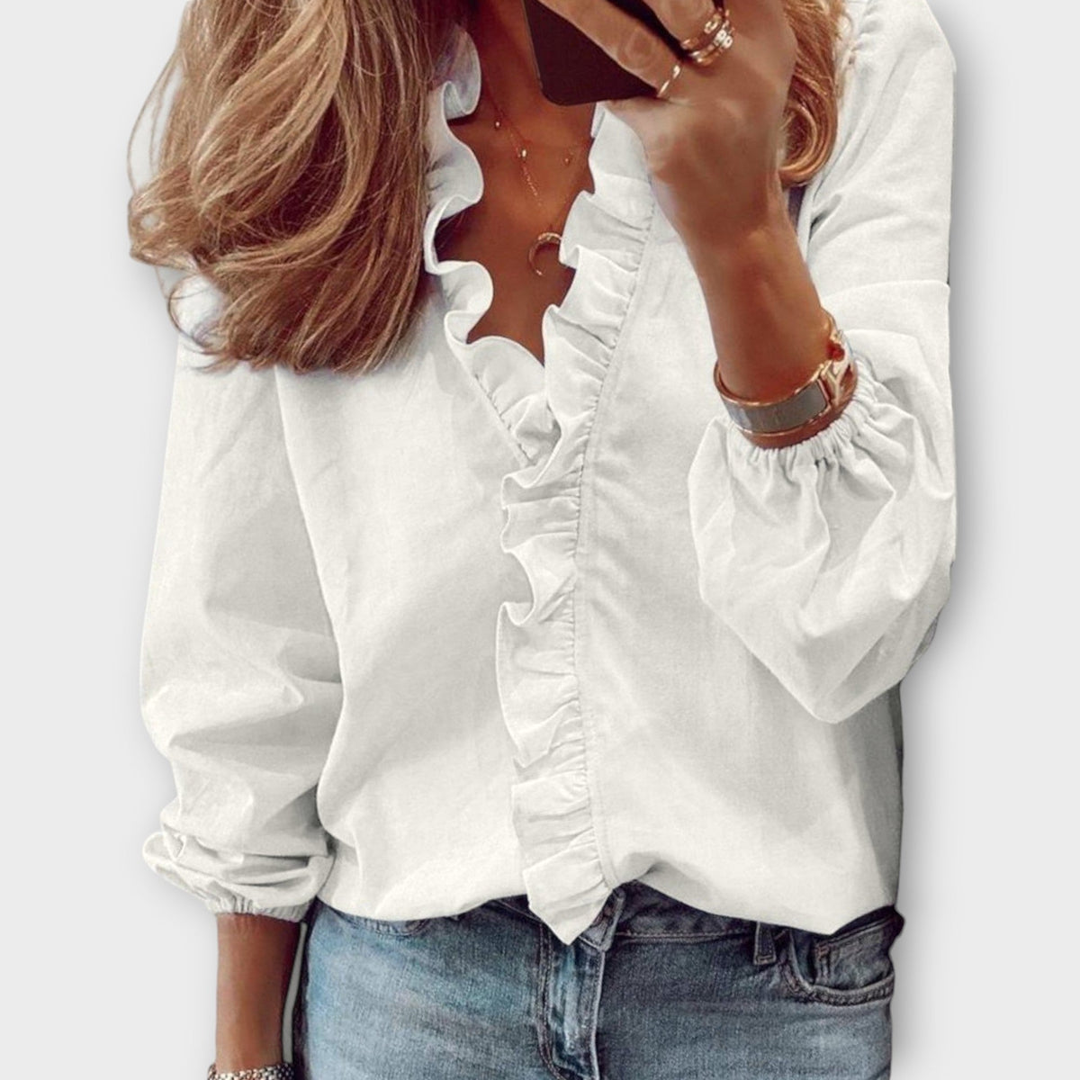 Deep V-Neck Ruffle Front Long Sleeve Blouse