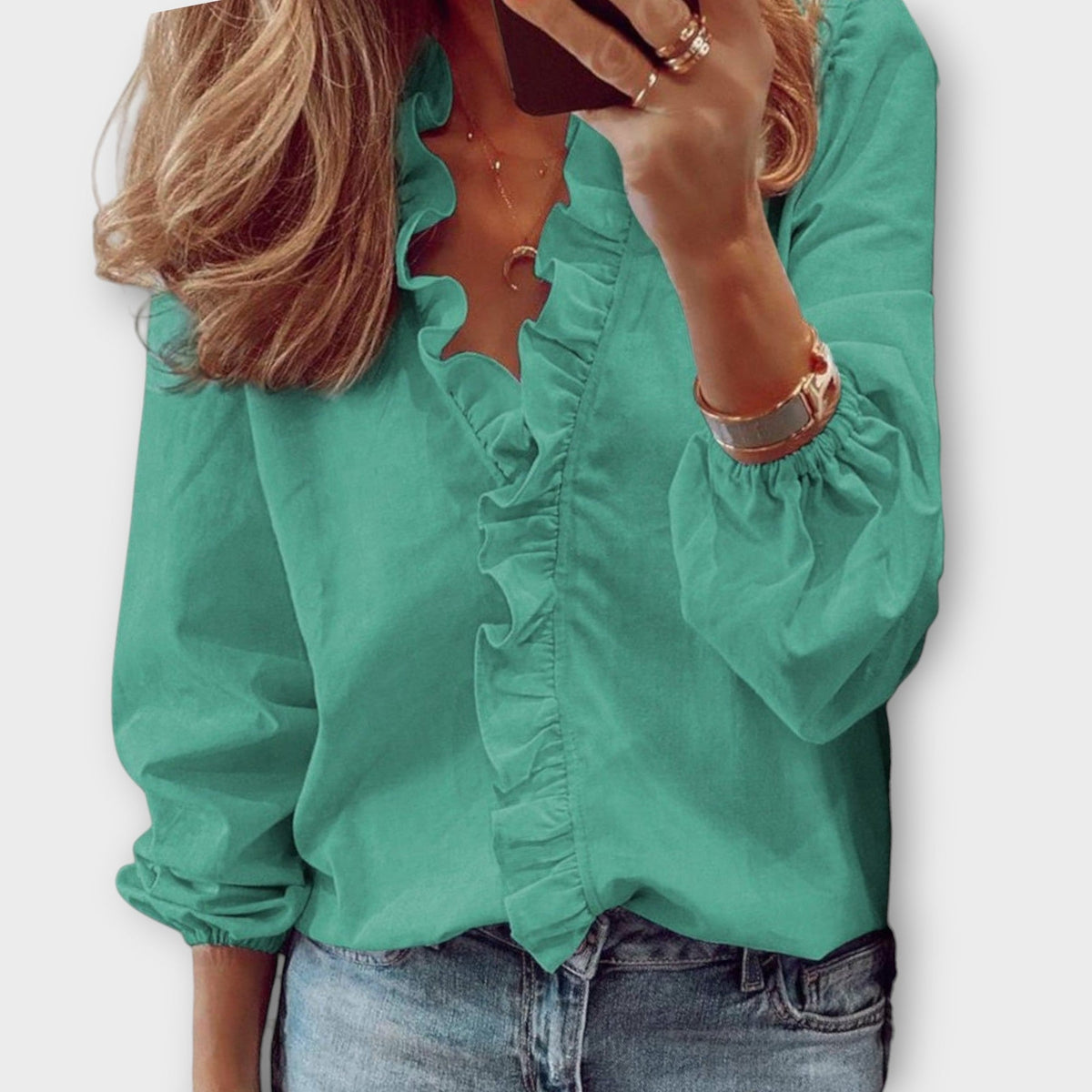 Deep V-Neck Ruffle Front Long Sleeve Blouse 4