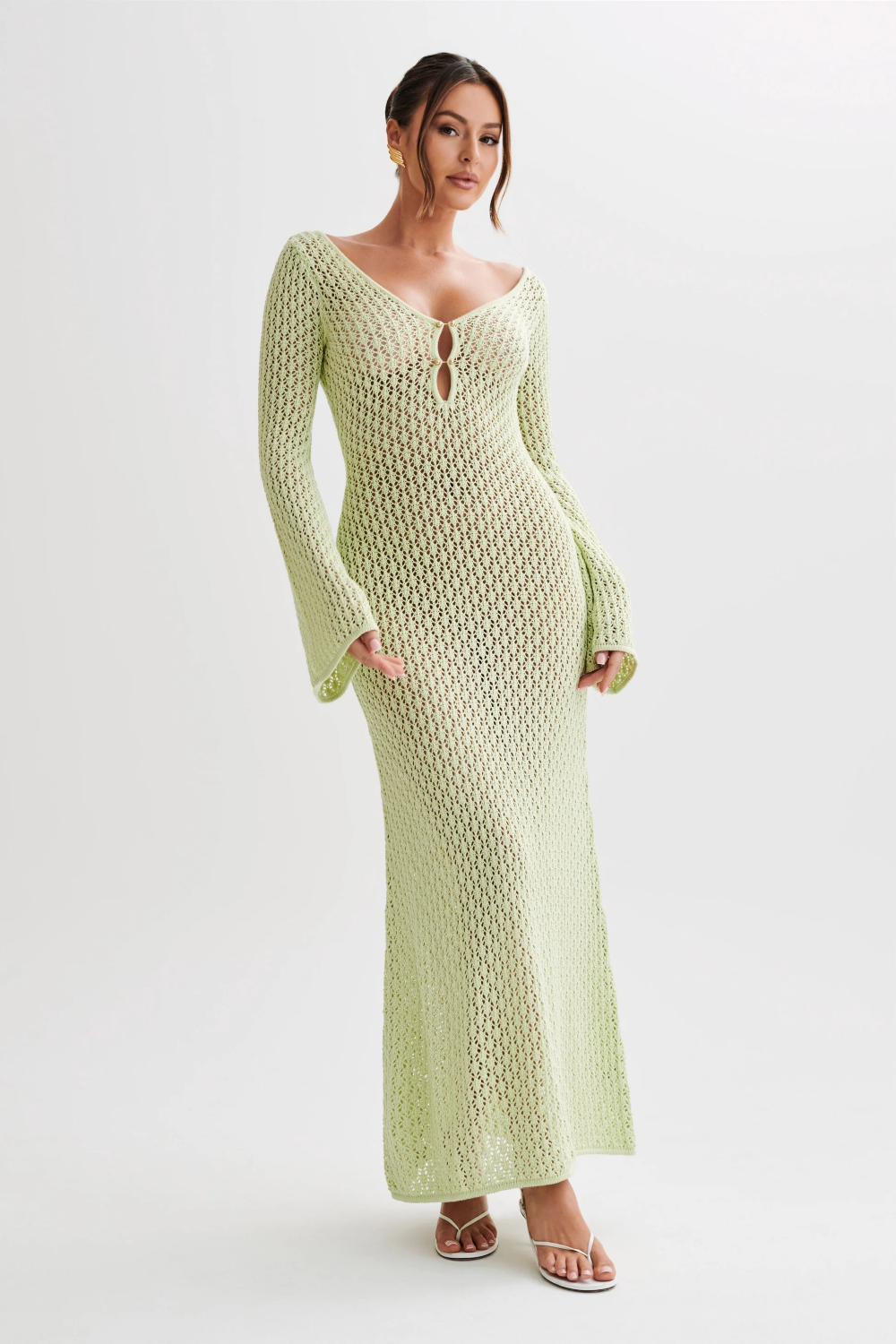 Crochet Deep V-Neck Cut Out Bell Sleeve Maxi Dress - View 10