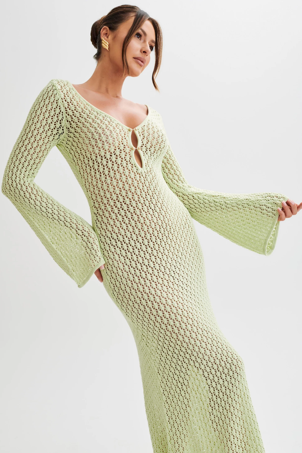Crochet Deep V-Neck Cut Out Bell Sleeve Maxi Dress - View 11