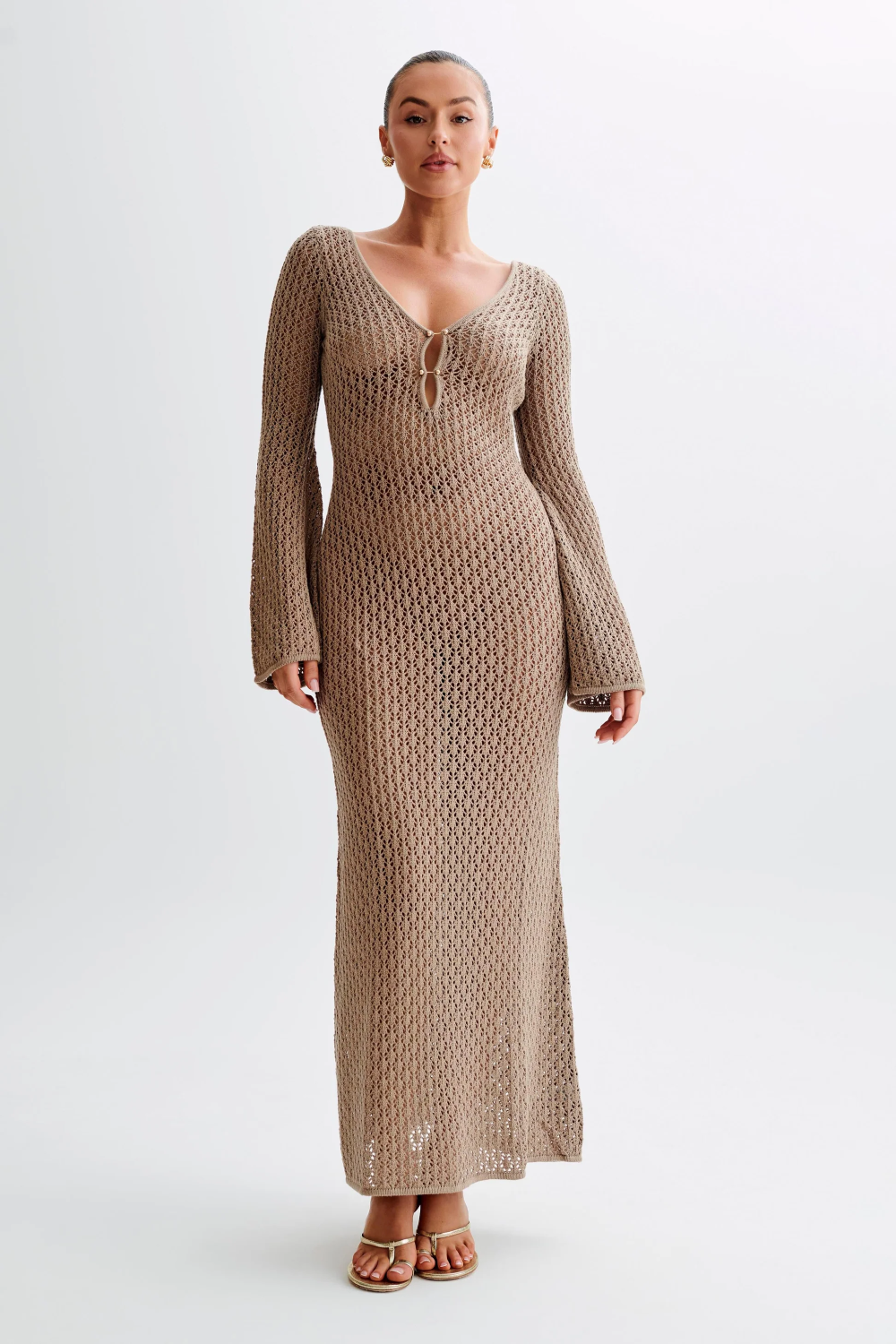 Crochet Deep V-Neck Cut Out Bell Sleeve Maxi Dress - View 7