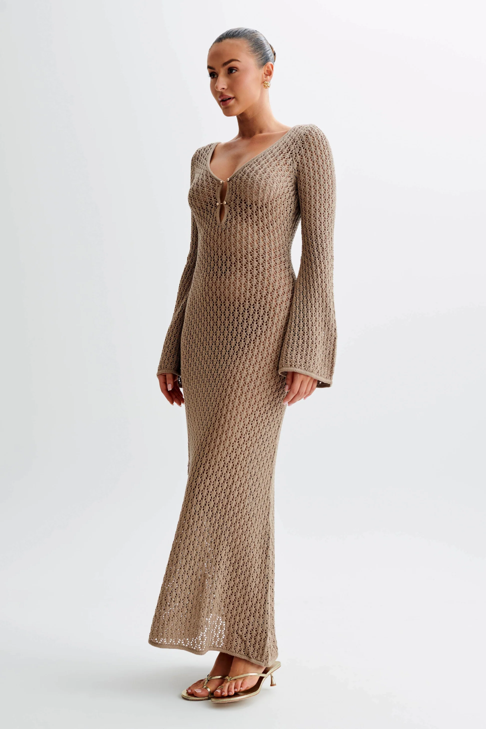 Crochet Deep V-Neck Cut Out Bell Sleeve Maxi Dress - View 8