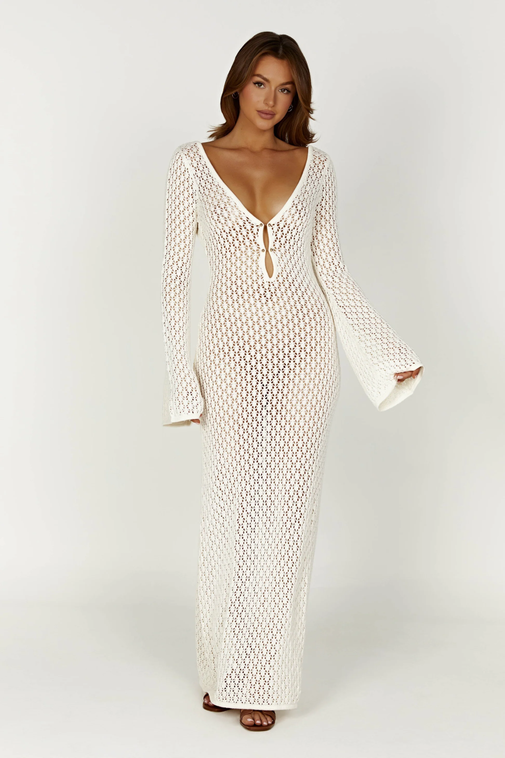 Crochet Deep V-Neck Cut Out Bell Sleeve Maxi Dress