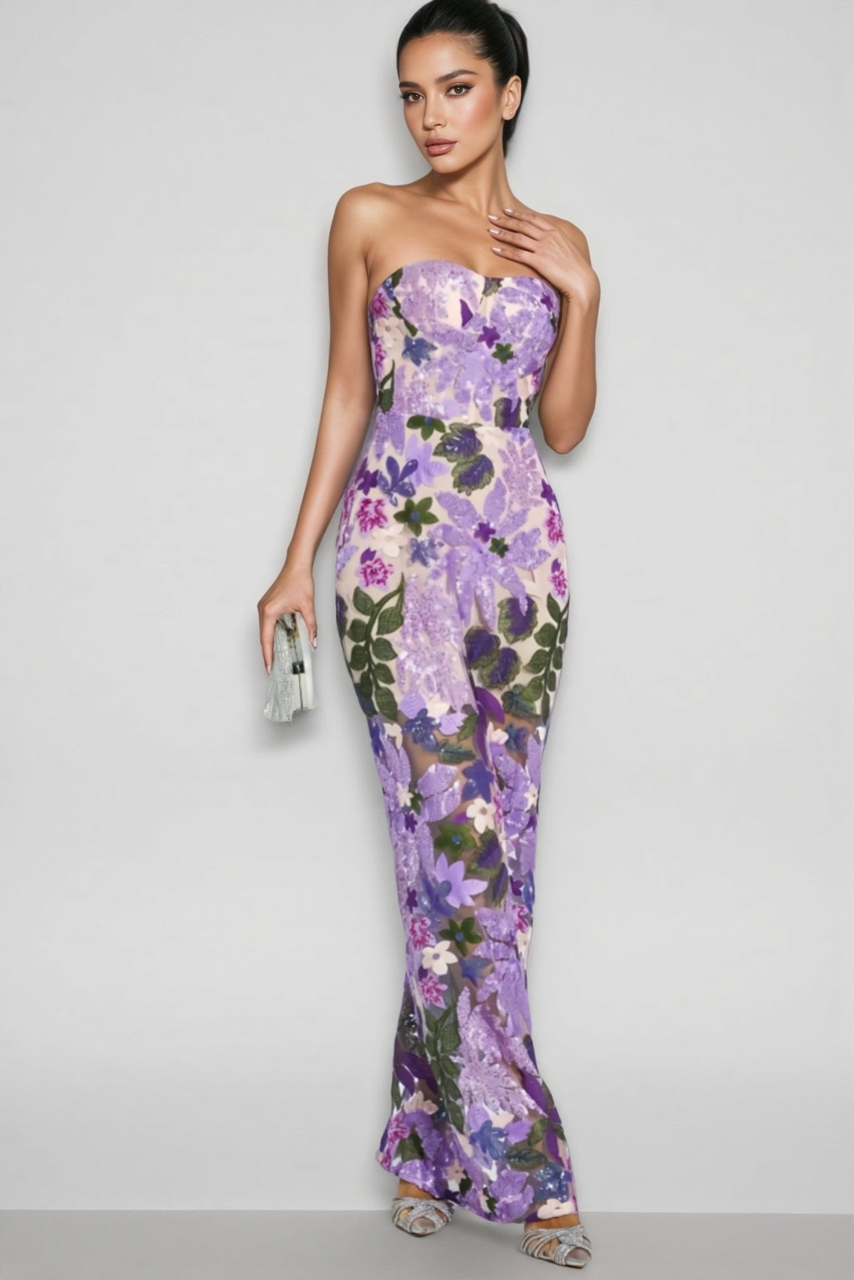 Floral Sequin Strapless Sweetheart Sheer Mermaid Maxi Gown - View 4