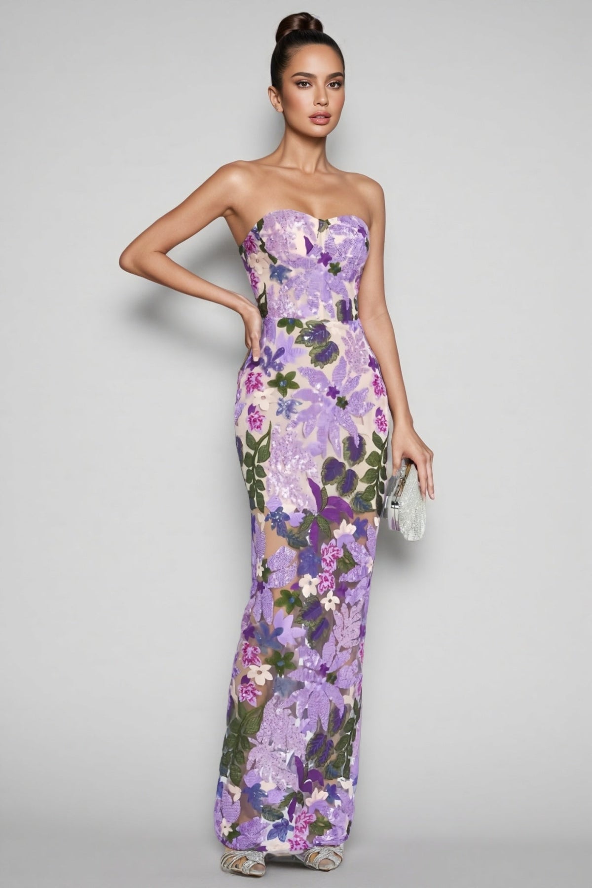 Floral Sequin Strapless Sweetheart Sheer Mermaid Maxi Gown