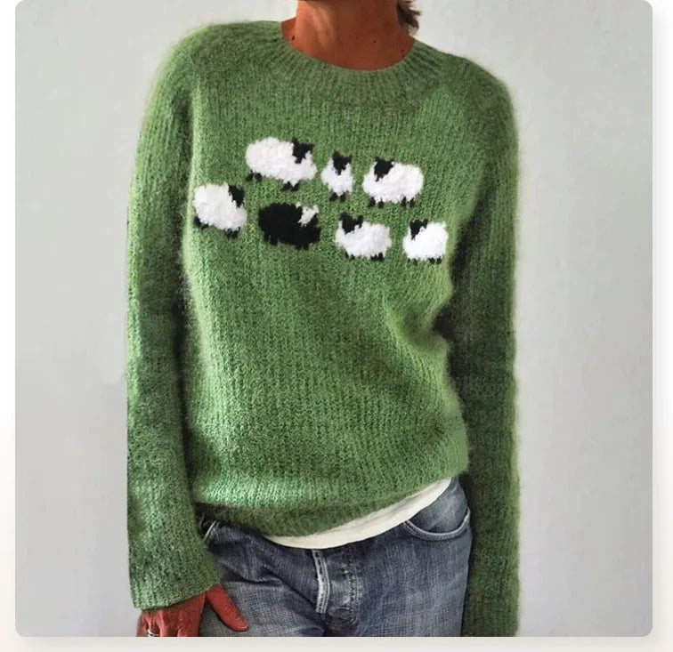 Crew Neck Long Sleeve Sheep Motif Knit Sweater 2