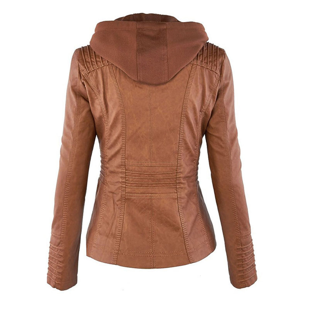 Faux Leather Removable Hood Zip Front Moto Jacket 2