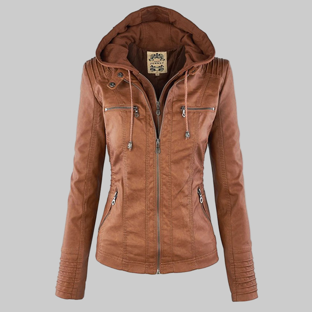 Faux Leather Removable Hood Zip Front Moto Jacket