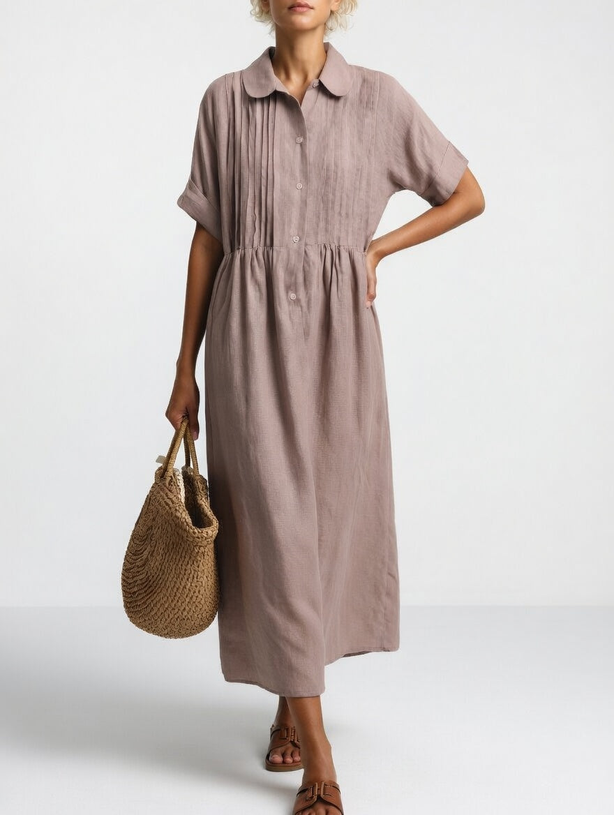 Collared Button Front Pintuck Tiered Maxi Shirt Dress 11