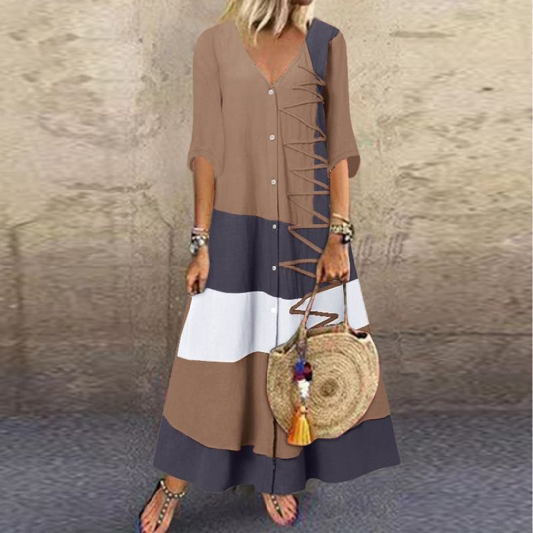 V-Neck Three Quarter Sleeve Button Front Lace Up Trim Maxi Dress - View 4