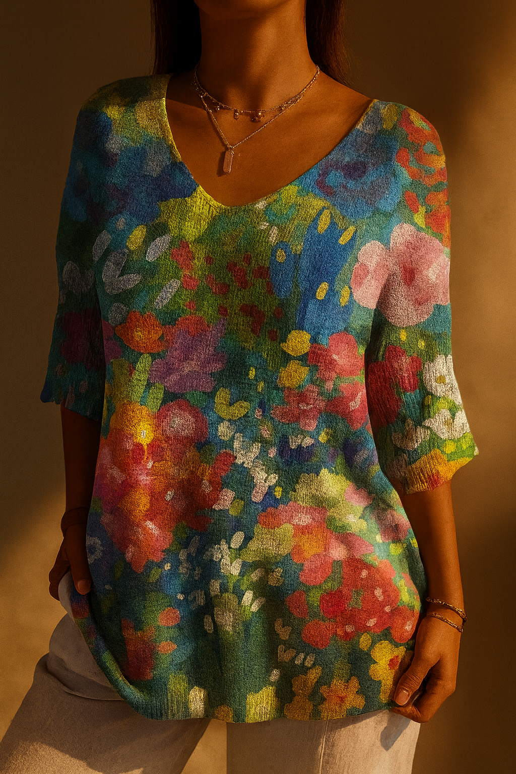 Painterly Floral Print V-Neck Half Sleeve Tunic Top 2