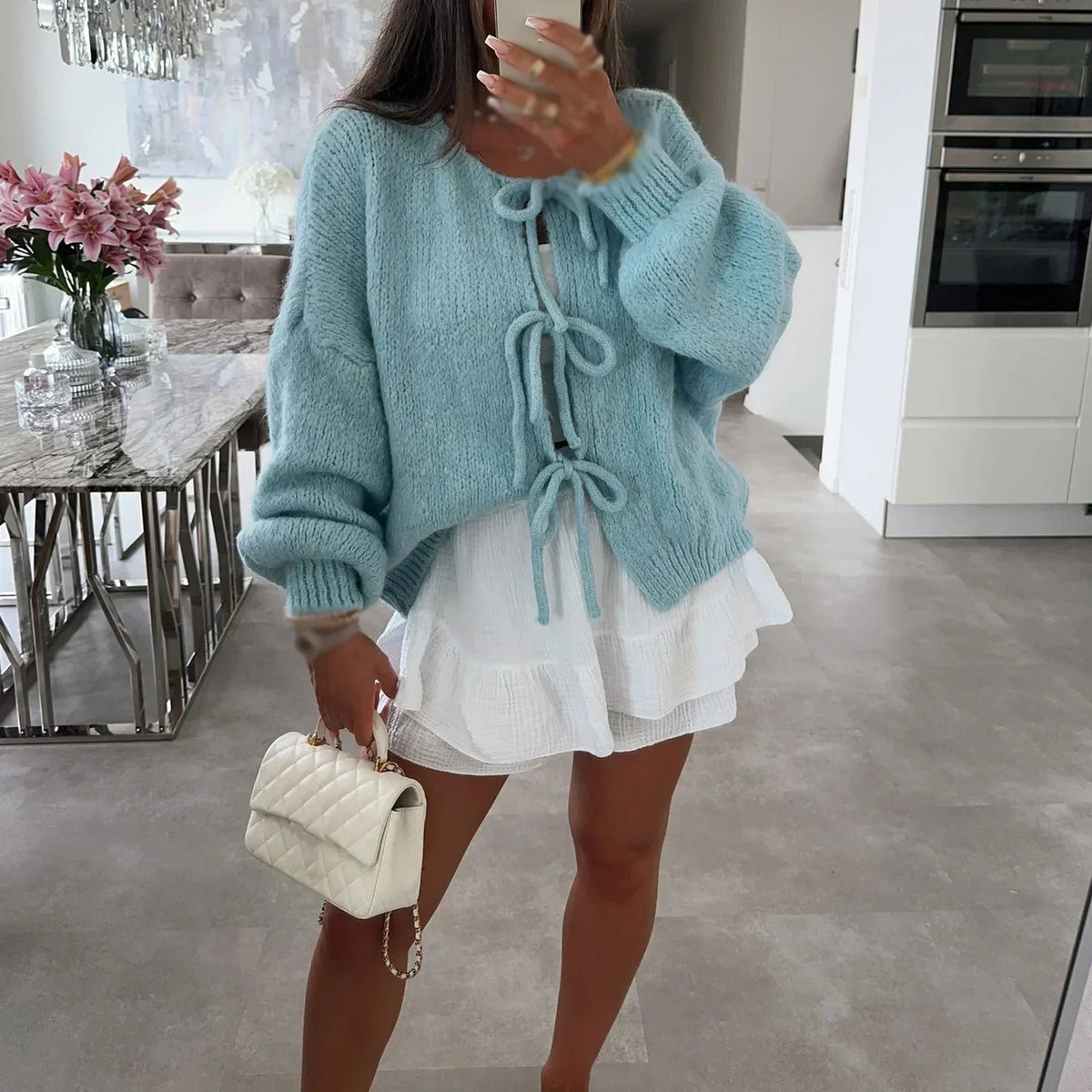 Lace-Up Hollow Out Patchwork Cardigan green / S