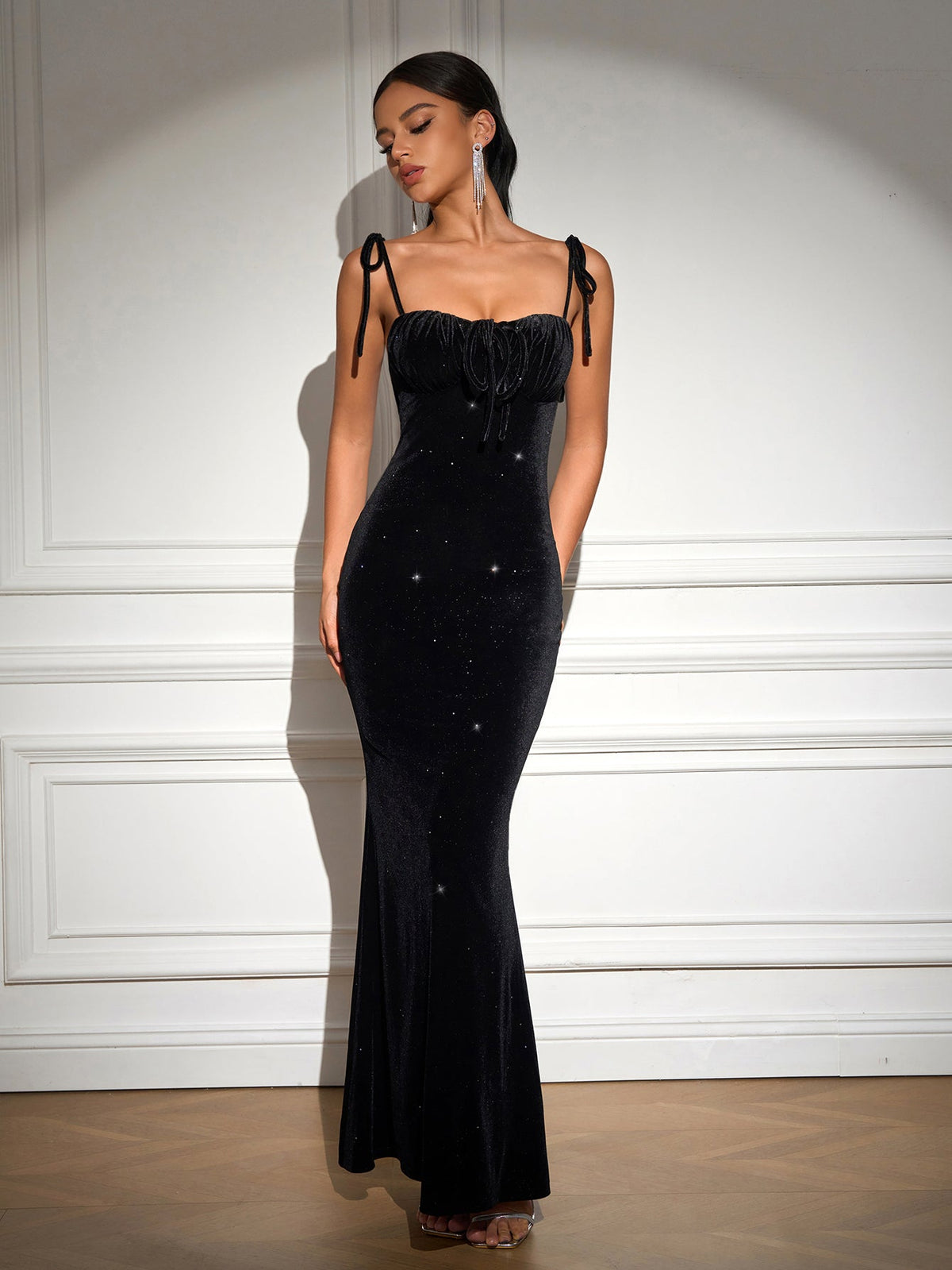 Knot Straps Sequin Tie Front Maxi Dress