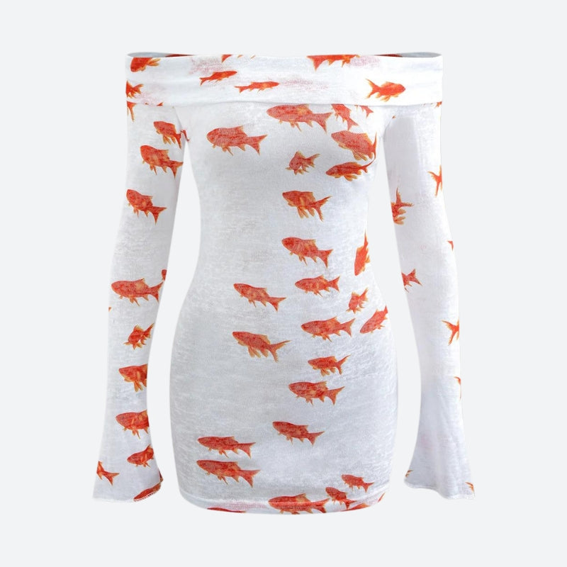 Koi Fish Printed Mesh Mini Dress - View 5