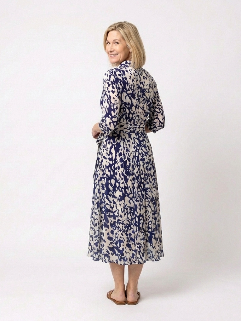 Animal Print Collared Three Quarter Sleeve Waist Tie Midi Dress 2