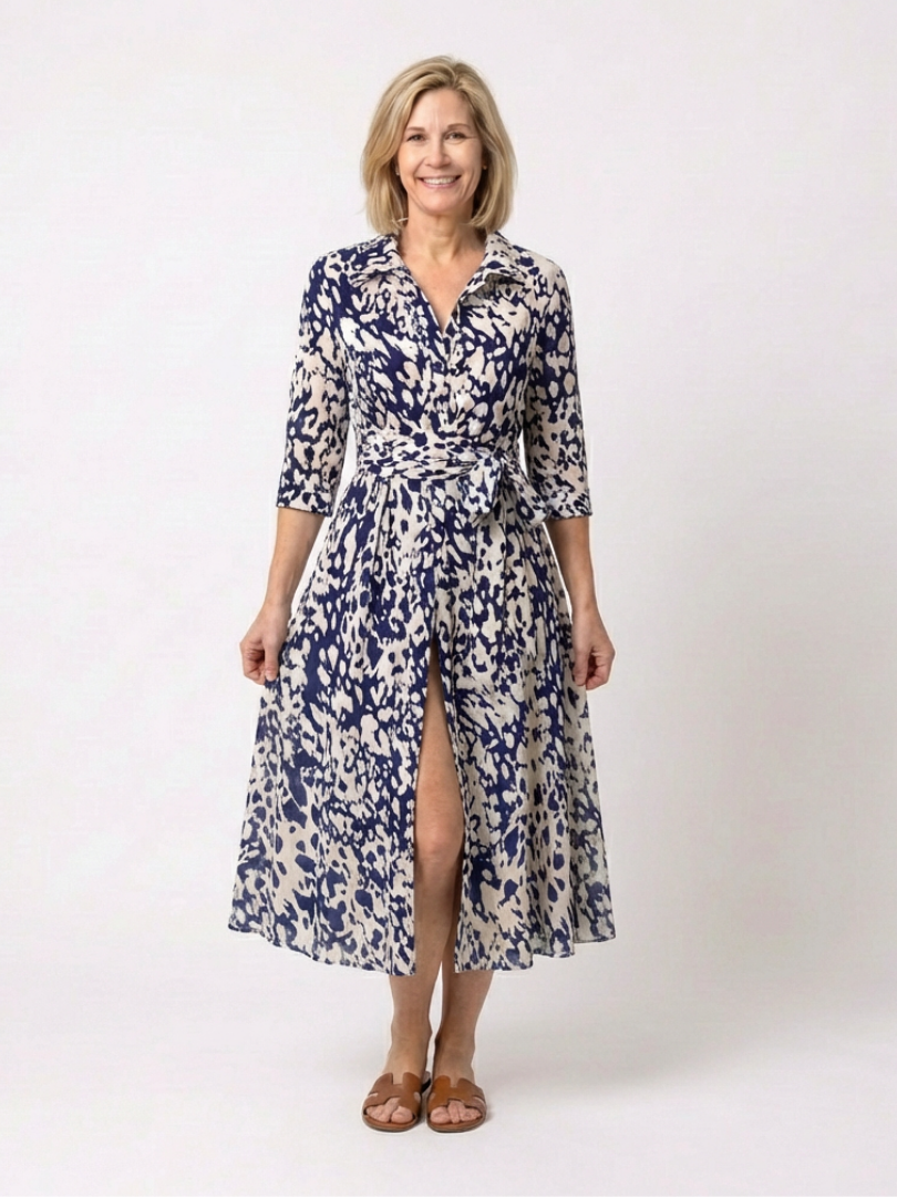 Animal Print Collared Three Quarter Sleeve Waist Tie Midi Dress 3