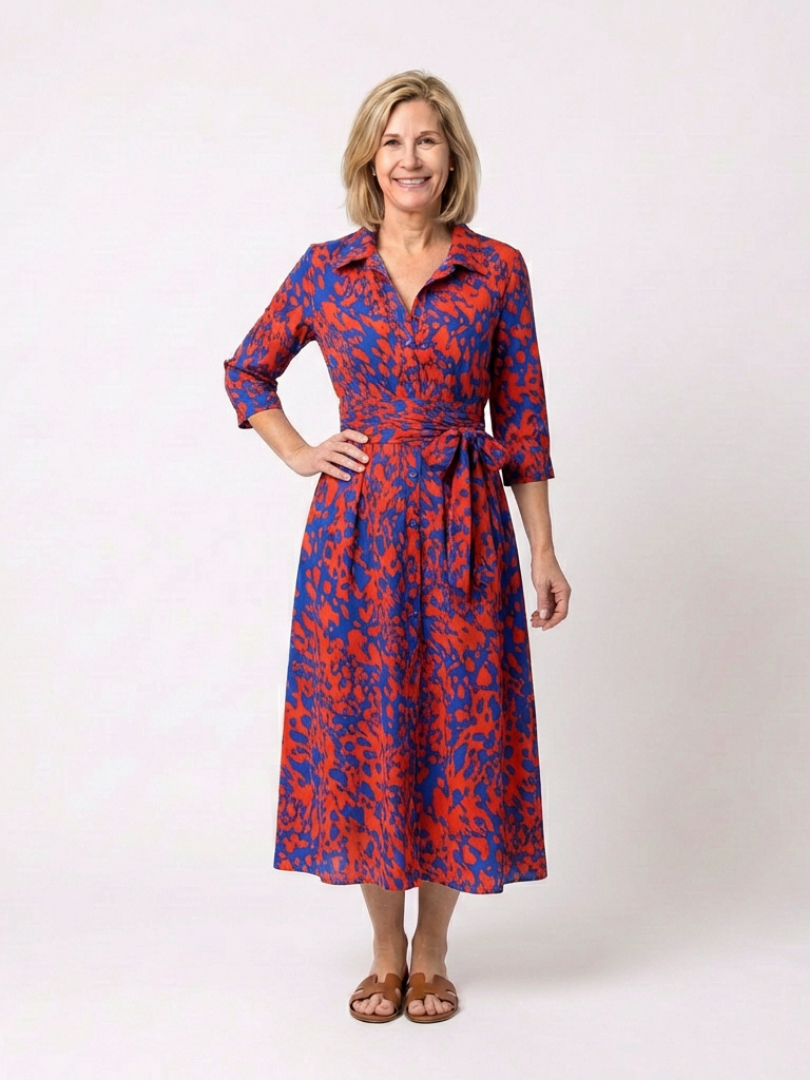 Animal Print Collared Three Quarter Sleeve Waist Tie Midi Dress 6