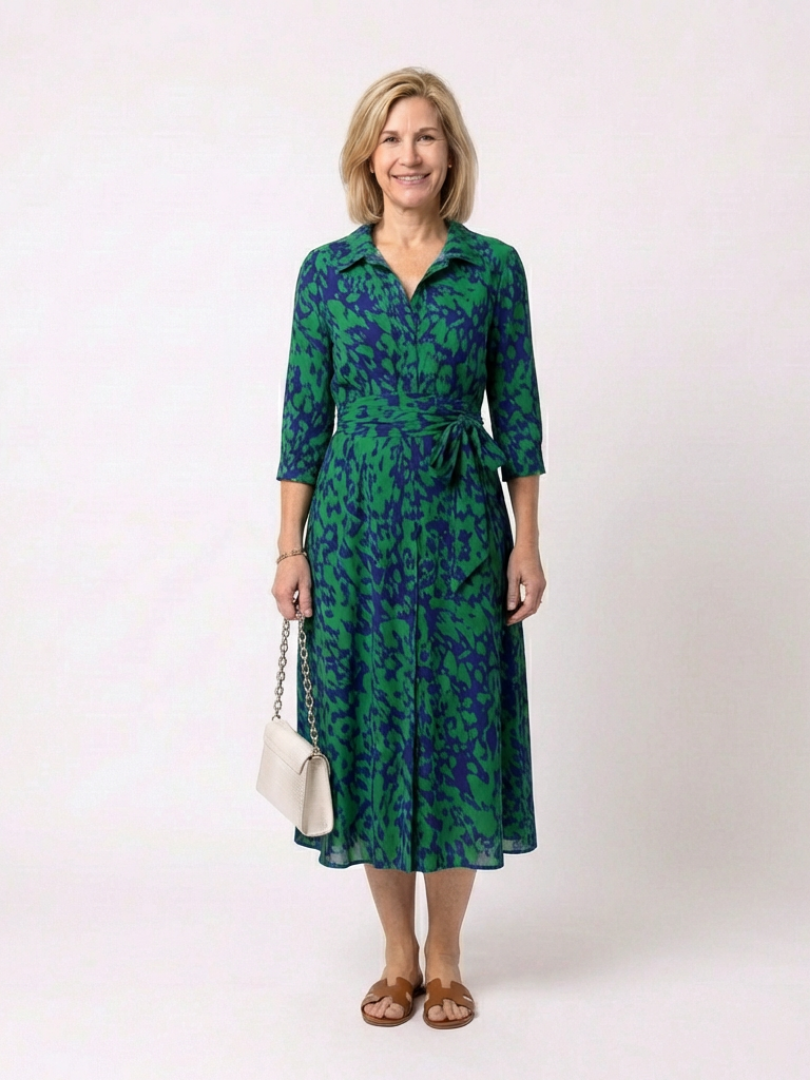 Animal Print Collared Three Quarter Sleeve Waist Tie Midi Dress 4