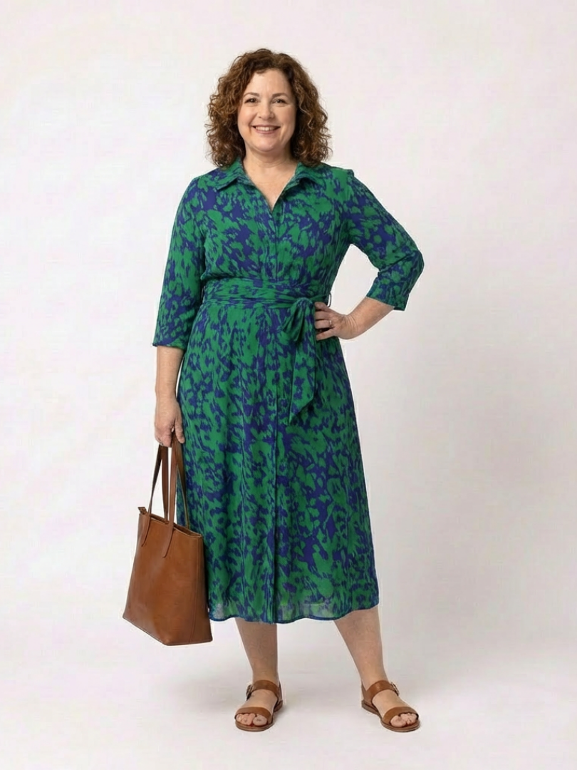 Animal Print Collared Three Quarter Sleeve Waist Tie Midi Dress 5