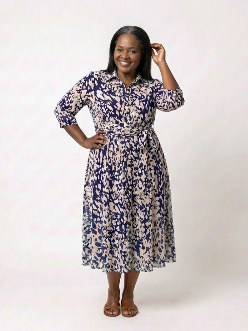 Animal Print Collared Three Quarter Sleeve Waist Tie Midi Dress 7