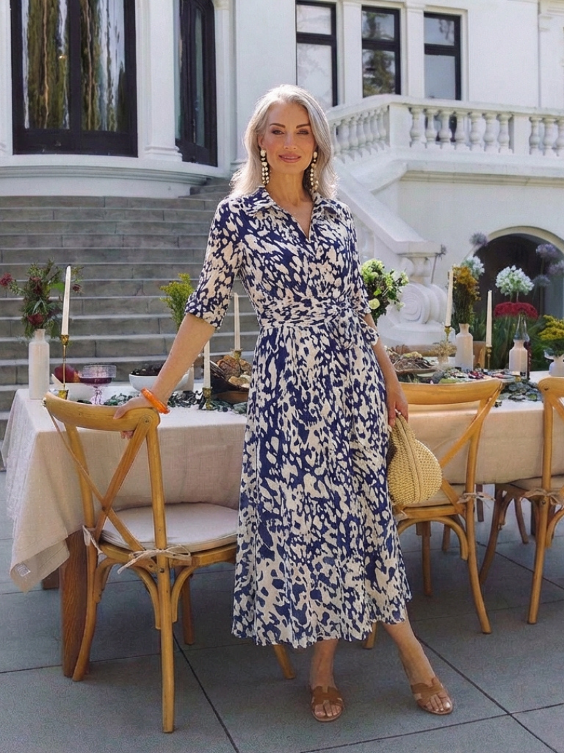 Animal Print Collared Three Quarter Sleeve Waist Tie Midi Dress 8
