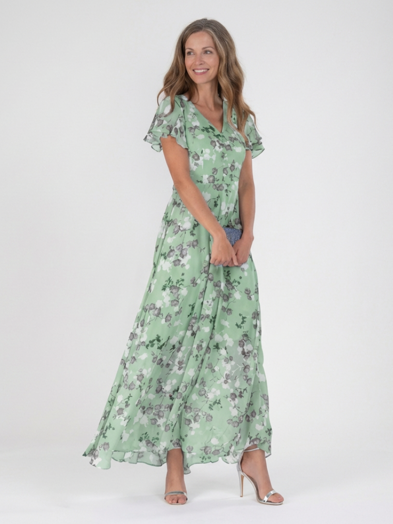 Floral Print V-Neck Flutter Sleeve Chiffon Maxi Dress 4