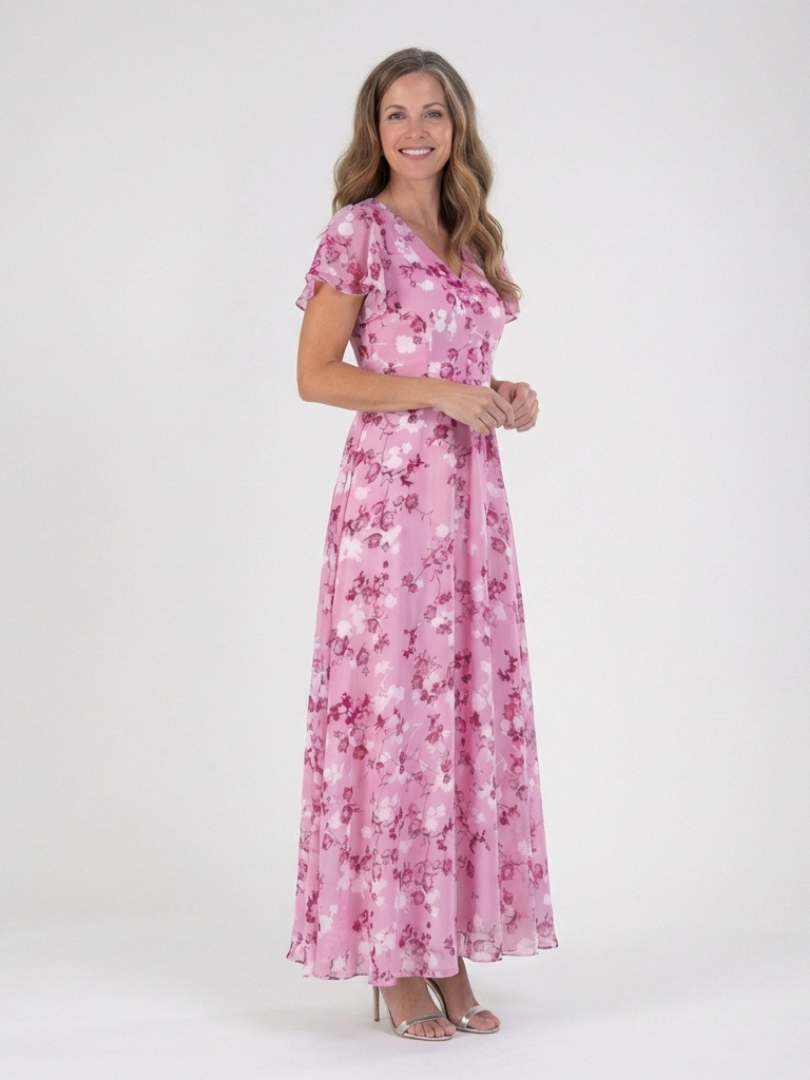 Floral Chiffon V-Neck Flutter Sleeve Maxi Dress 6