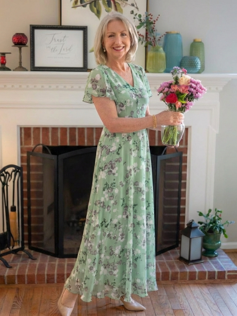 Floral Chiffon V-Neck Flutter Sleeve Maxi Dress 8