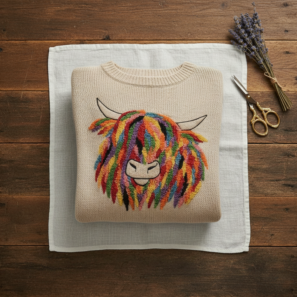 Highland Cow Embroidered Crew Neck Knit Sweater 2