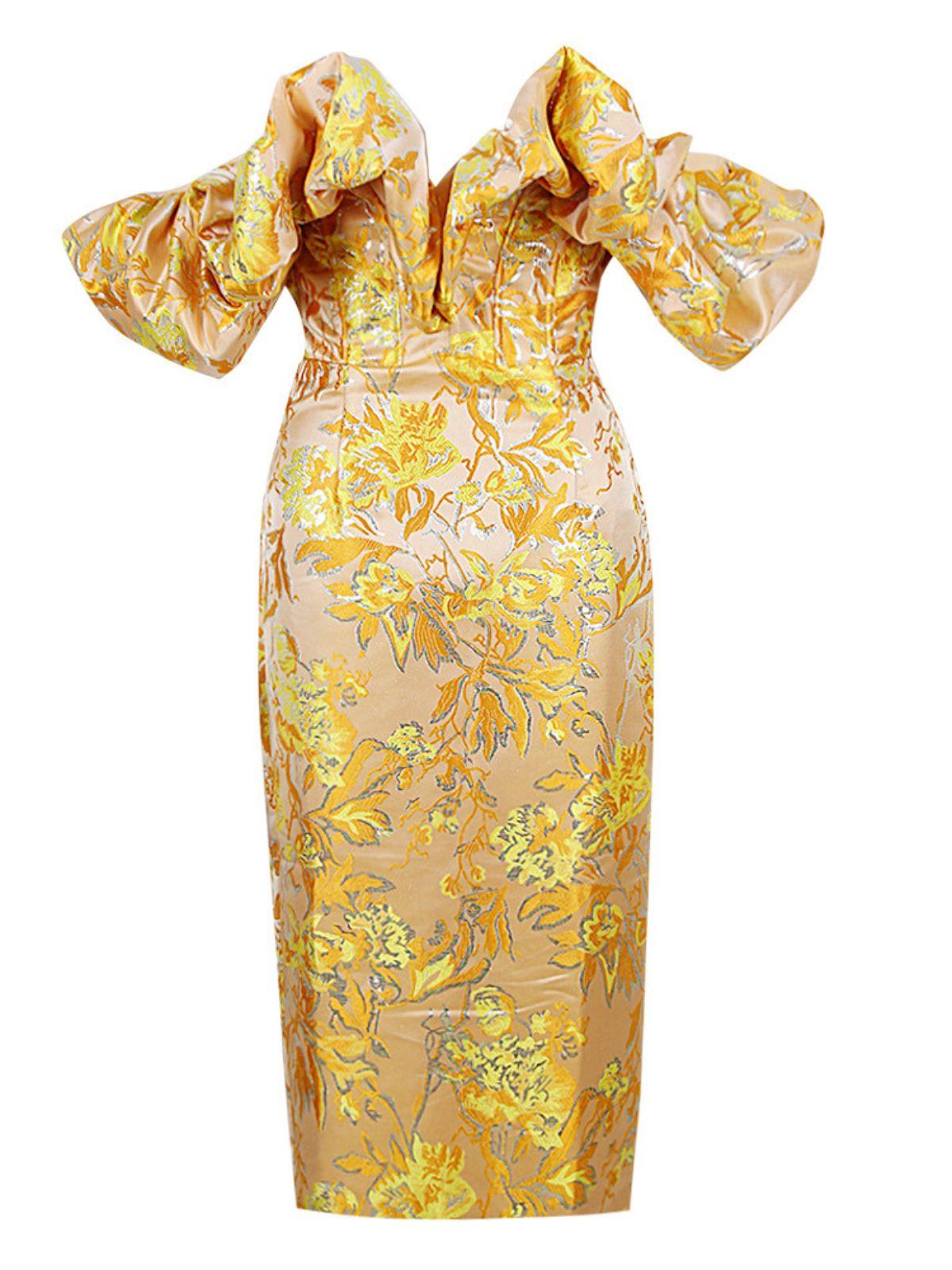 Floral Jacquard Off Shoulder Puff Sleeve Corset Bodycon Midi Dress - View 6
