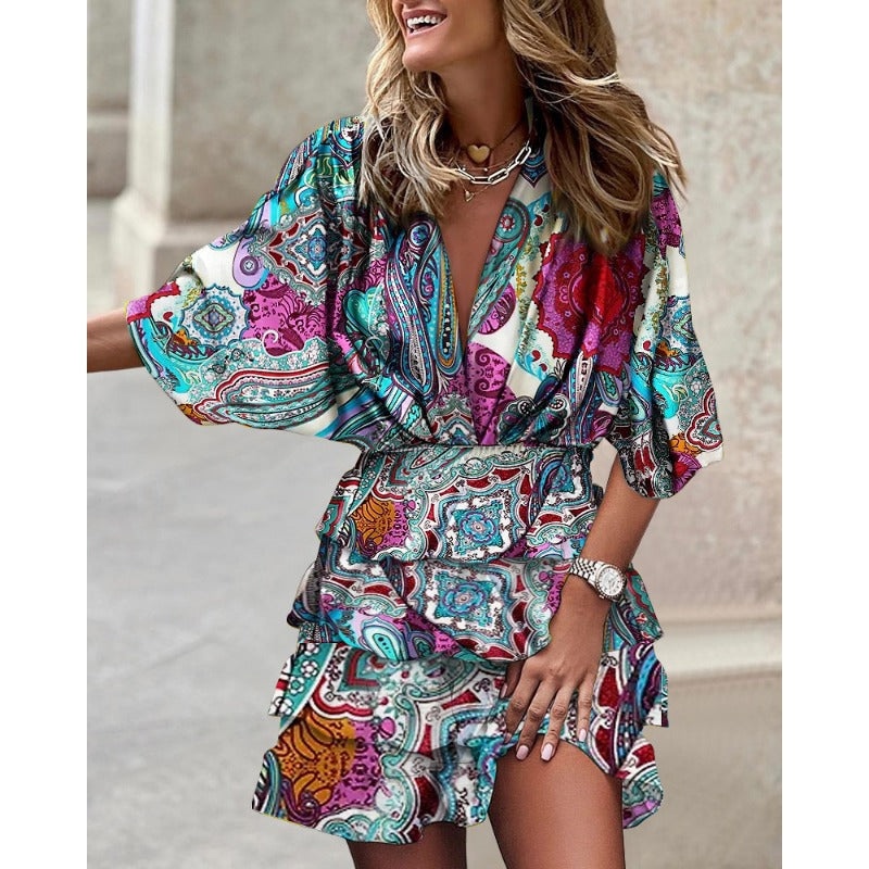 V-Neck Smocked Waist Elbow Sleeve Tiered Ruffle Mini Dress - View 3