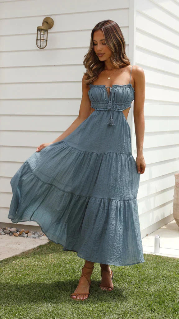 Spaghetti Strap Smocked Keyhole Tie Tassel Waist Maxi Dress - View 23