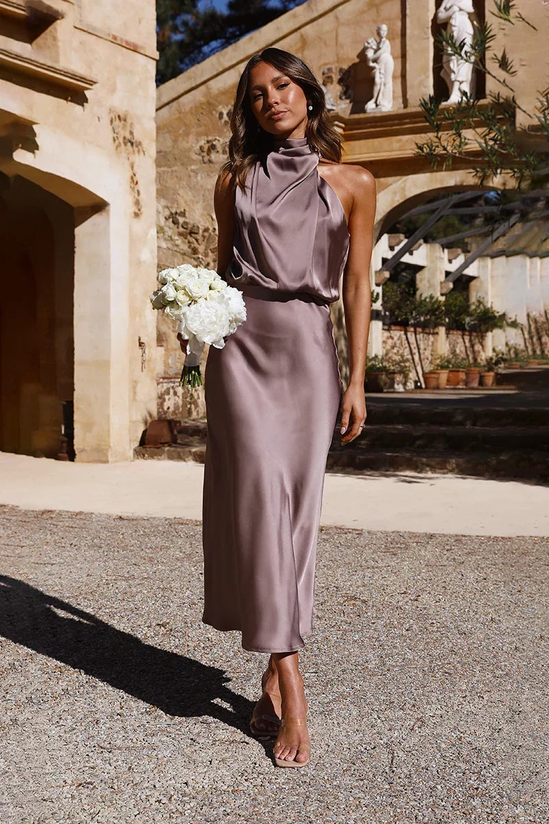 Halter Neck Cowl Draped Satin Column Midi Dress - View 2