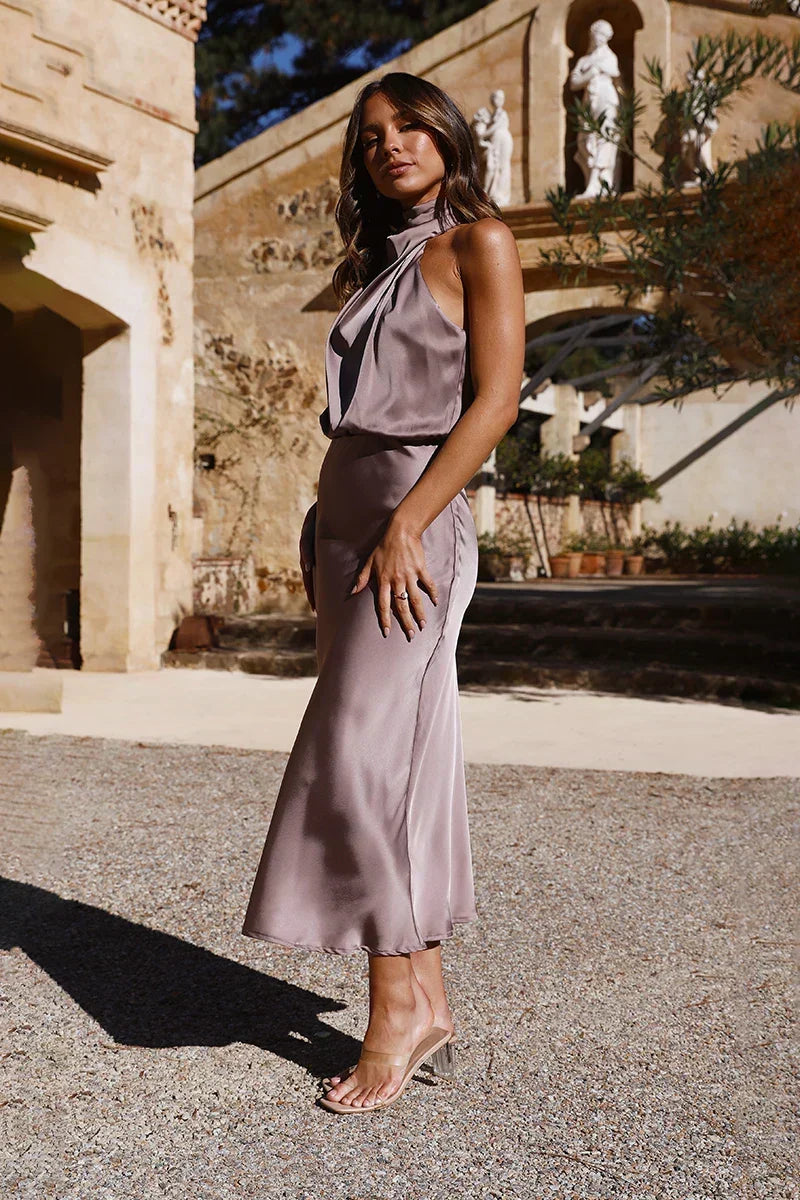 Halter Neck Cowl Draped Satin Column Midi Dress - View 3
