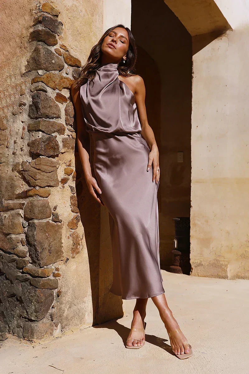Halter Neck Cowl Draped Satin Column Midi Dress - View 5